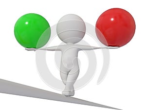 Plus minus balance 3d human character balancing while holding one red and one green ball positive negative - 3d rendering