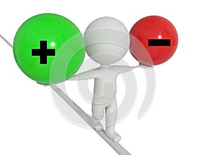 Plus minus + - balance 3d human character balancing while holding one red and one green ball positive negative - 3d rendering