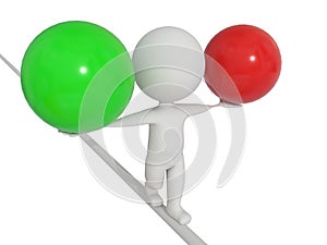 Plus minus + - balance 3d human character balancing while holding one red and one green ball positive negative - 3d rendering