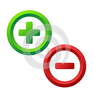 Plus and minus icon buttons on white, stock vector illustration