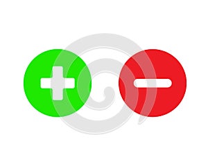 Plus and minus icon set. Vector illustration in flat simple design for mathmatics, calculation, pros and cons, rating