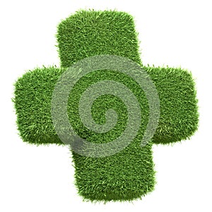 A plus sign crafted from green grass, symbolizing positive growth and natural addition, isolated on a white background