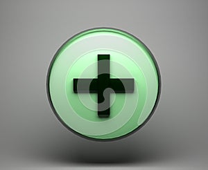 plus sign icon symbol or green colored symbol coated with approved glass material on gray background confirmation, 3D rendering