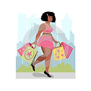 Plus size african american woman in a pink dress with shopping bags on city background. Cute vector illustration drawing in flat