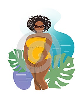 Plus size african woman wearing yellow swimsuit and sunglasses on abstract background with sea and monstera leaves