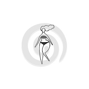 Plus size concept, body positive. Overweight woman in underwear. Vector hand drawn icon.