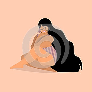 Plus size girl. Happy body positive concept. Different is beautiful. Attractive overweight woman. Vector illustration