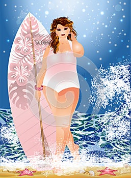 Plus size girl with surfboard on the beach, summer time greeting card