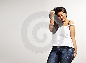 Plus size model with a blowing hair