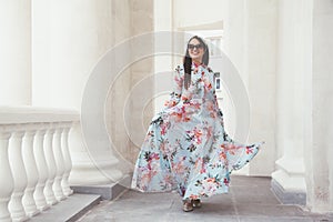Plus size model in floral dress