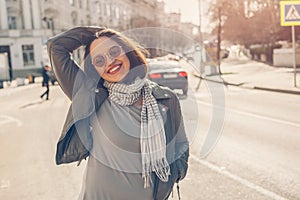 Plus size model walking on the city street