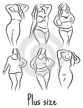 Plus size model woman sketch. Hand drawing style. Fashion logo with overweight. Curvy body icon design. Vector illustration