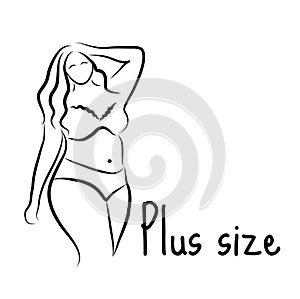 Plus size model woman sketch. Hand drawing style. Fashion logo with overweight. Curvy body icon design. Vector illustration