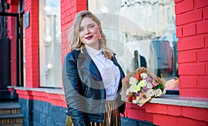 Plus size nice woman in suit at street, spring trends