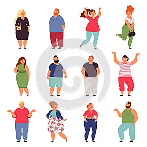 Plus size people. Big woman, chubby models characters in fashion casual cloth. Plump man, isolated overweight person