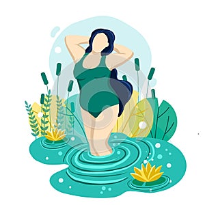 Plus size woman enjoys herself and posing in the river with water lilies. Body positive concept. Vector illustration