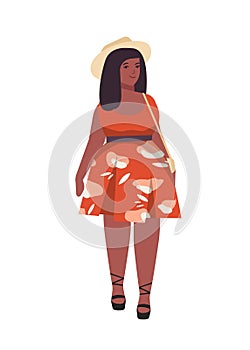 Plus size woman flat vector illustration. Curvy african american female cartoon character wearing light red summer dress