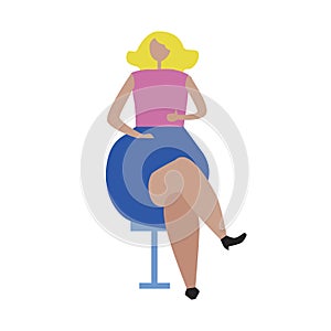 A plus size woman or girl sitting on a chair in a skirt, a flat  stock illustration with hypertrophied adult blonde person