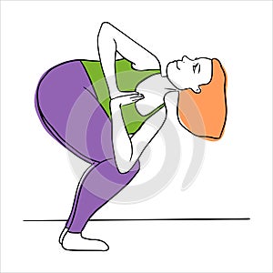 Plus size Woman practicing yoga is standing in Parivrtta utkatasana, legs together, hands namaste. Plump young adult in