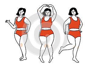 Plus size woman in red underwear in different active poses. Happy girl dancing, body positive concept. Vector outline
