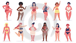 Plus size women. Multiracial curvy girls, cute overweight women in underwear, plump female characters. Body positive