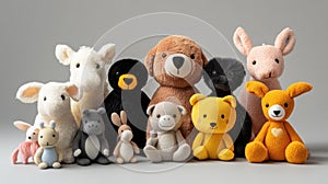 stuffed animal collection on a gray background