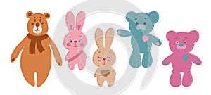 Plush animals, funny soft toys for children. Vector cartoon set of cute fluffy playthings, pretty textile teddy bears