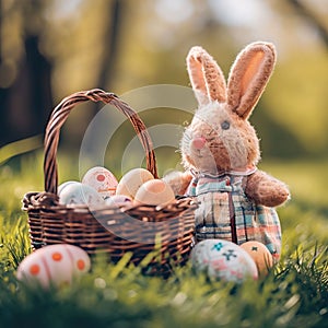 A plush bunny toy sits beside a wicker basket filled with decorated Easter eggs on a lush green lawn. playful and