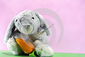 Plush Easter Bunny with a syringe to fight the covid-19