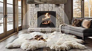 Plush faux fur rugs line the floor in front of the fireplace inviting guests to kick off their shoes and nestle in for a photo