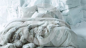 A plush fur blanket dd over a bed made of ice inviting guests to snuggle up and drift off to sleep in the serene