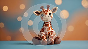 A plush giraffe toy on a light orange and blue background.