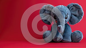Plush grey elephant toy with big ears on a vibrant red background.