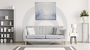 Felpa gris sofá en un piso de acuerdo lámpara muro arte 
