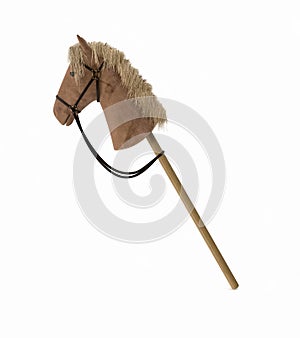 Plush hobby horse toy with a wooden stick on white background