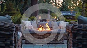 A plush outdoor sofa facing the glowing flames of the fire pit creating a romantic setting. 2d flat cartoon