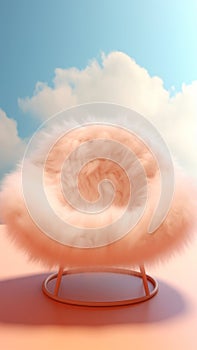 A plush peach color fluffy fur armchair on a blue sky background with cozy clouds. Modern trendy hue shade concept