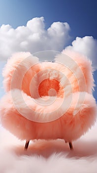 A plush peach fuzz fluffy fur chair on a blue sky with cozy clouds