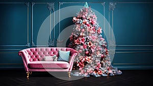 A plush pink velvet sofa and lavishly decorated Christmas tree in a room with dark wood flooring and teal walls