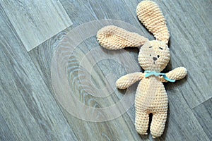 Plush rabbit cute toy animal bunny on background. Fluffy soft baby doll little object