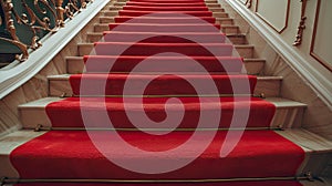 a plush red carpet cascades down the stairs, adorning the interior of a lavish hotel or restaurant, exuding elegance and