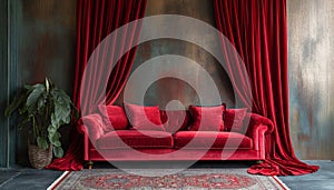 Plush red velvet couch in a vintage setting