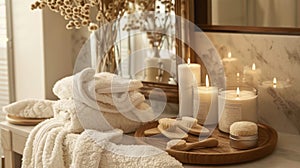Plush robes cozy slippers and scented candles are perfectly arranged on a table creating the ultimate selfcare gift for