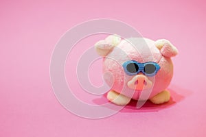 Plush smart toy pink pig with sun glasses on pink background. Copy space. Concept of Chinese New 2019 year, childhood, happiness,