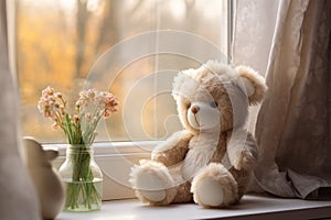 Plush teddy bear with flowers on sunny window sill