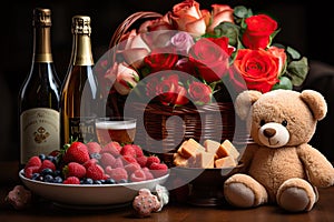 Plush teddy bear beside fruit bowls and a bottle of wine, AI-generated.