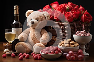 Plush teddy bear beside fruit bowls and a bottle of wine, AI-generated.