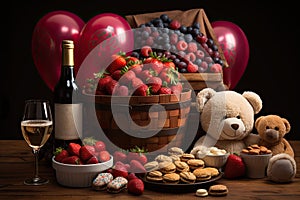 Plush teddy bear beside fruit bowls and a bottle of wine, AI-generated.