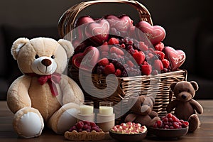 Plush teddy bear beside fruit bowls and a bottle of wine, AI-generated.