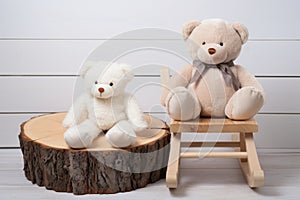 plush teddy bear on a small wooden rocking chair